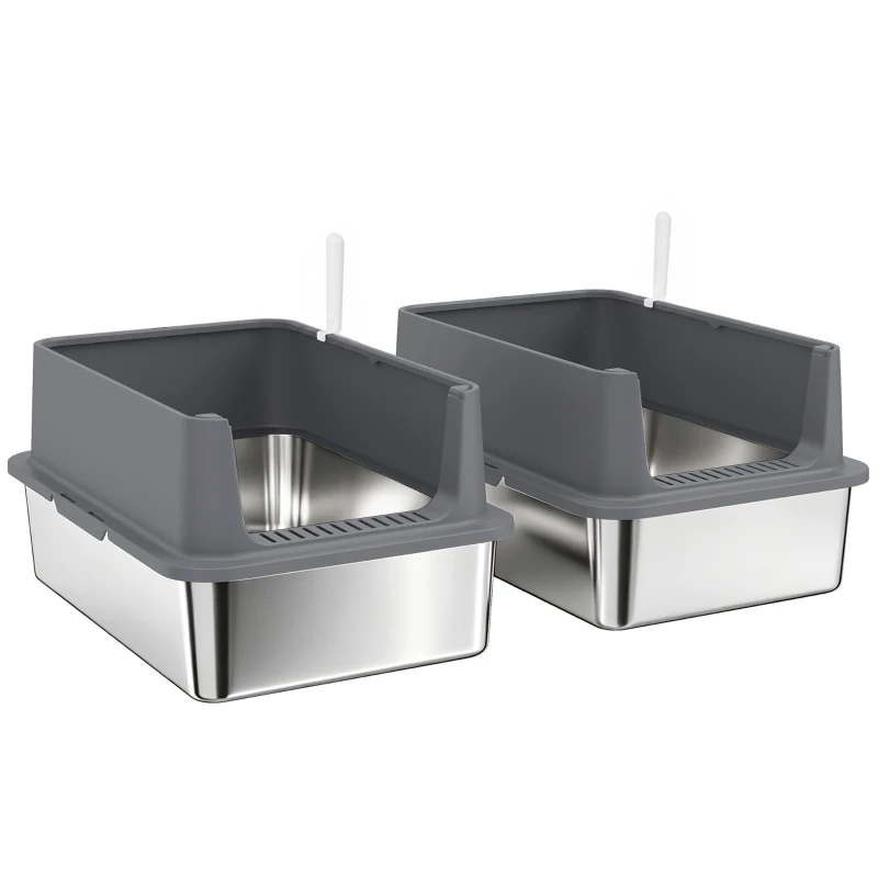 PawHut 2er-Set XL Katzentoilette aus Edelstahl Hoher Rand 2 Schaufeln für große Katzen und mehrere Kätzchen Dunkelgrau