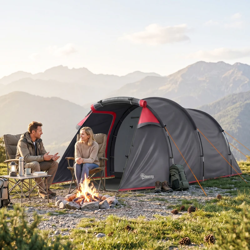 Outsunny Tente de camping familiale 2 personnes tente tunnel ventilée facile à monter chambre salon 3 portes fenêtres 4,26 x 2,06 x 1,54 m fibre verre polyester PE girs foncé rose