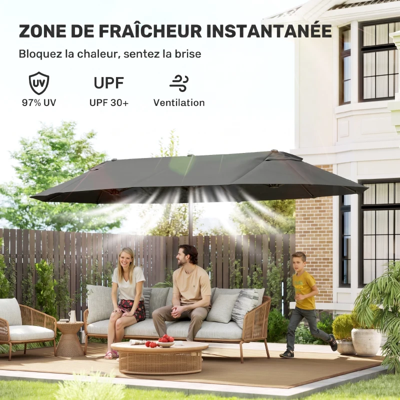 Outsunny Parasol de Jardin Exterieur 4,6 x 2,7 m, Grand Parasol Double Rectangulaire avec Manivelle, Polyester 180 g/m², Gris