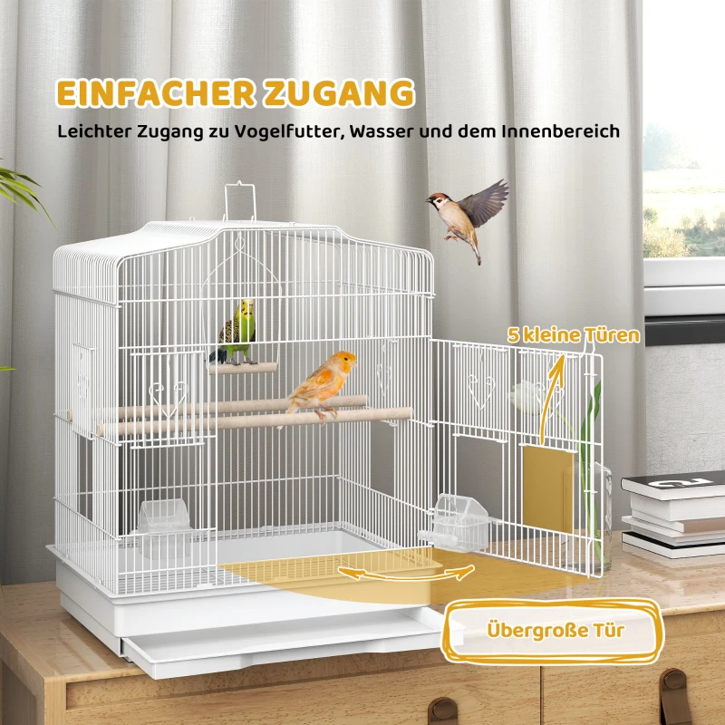 PawHut Vogelkäfig im Vintage-Design für kleine Vogelarten inkl. Zubehör 46,5 x 36 x 59 cm Stahl, Holz, Weiß+Natur