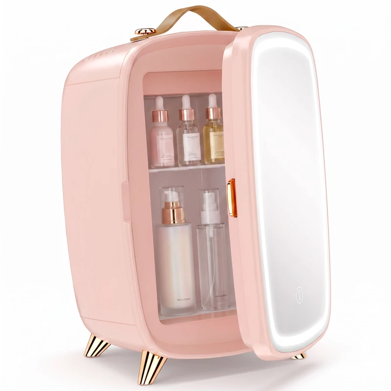 HOMCOM Frigider mic pentru cosmetice cu capacitate 6L cu ușă cu oglindă și lumini LED reglabile 24,3x19,4x35,6 cm Roz