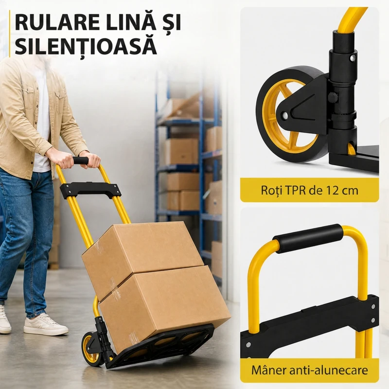 HOMCOM Cărucior de Transport cu Mâner Telescopic, Capacitate 60 kg, Cadru din Oțel, Galben