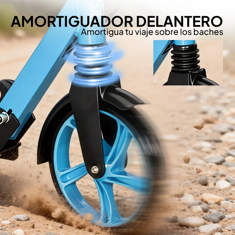 HOMCOM Patinete Plegable para Adultos y Niños de +14 Años Scooter con Manillar Ajustable 91,5x36,5x91-104 cm Azul