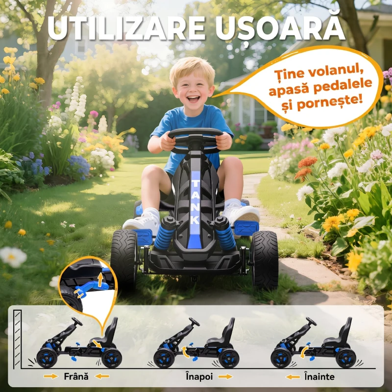 AIYAPLAY Kart cu pedale pentru copii 3-6 ani, max. 50 kg, cu suport pentru pahar și roți EVA antiderapante, albastru