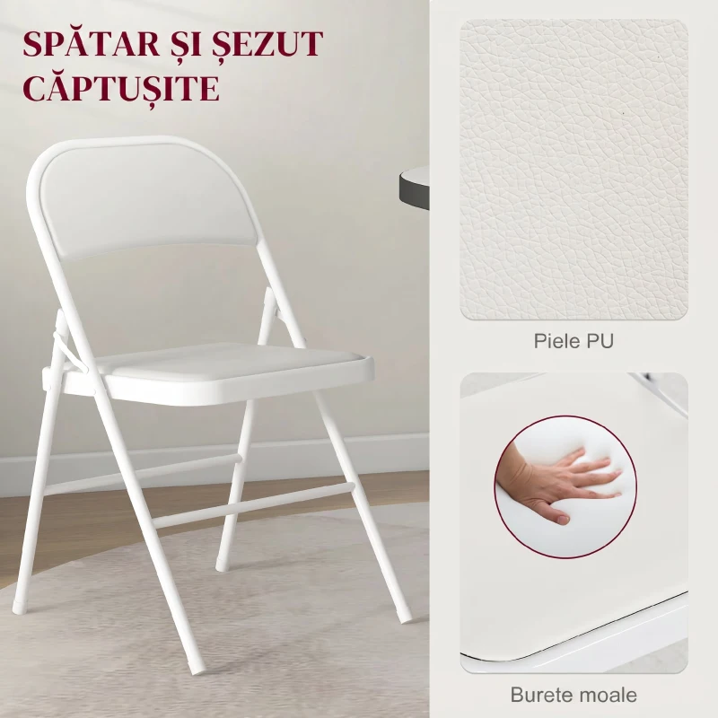 HOMCOM Set 2 Scaune Pliabile Tapițate din Piele Ecologică PU, Alb
