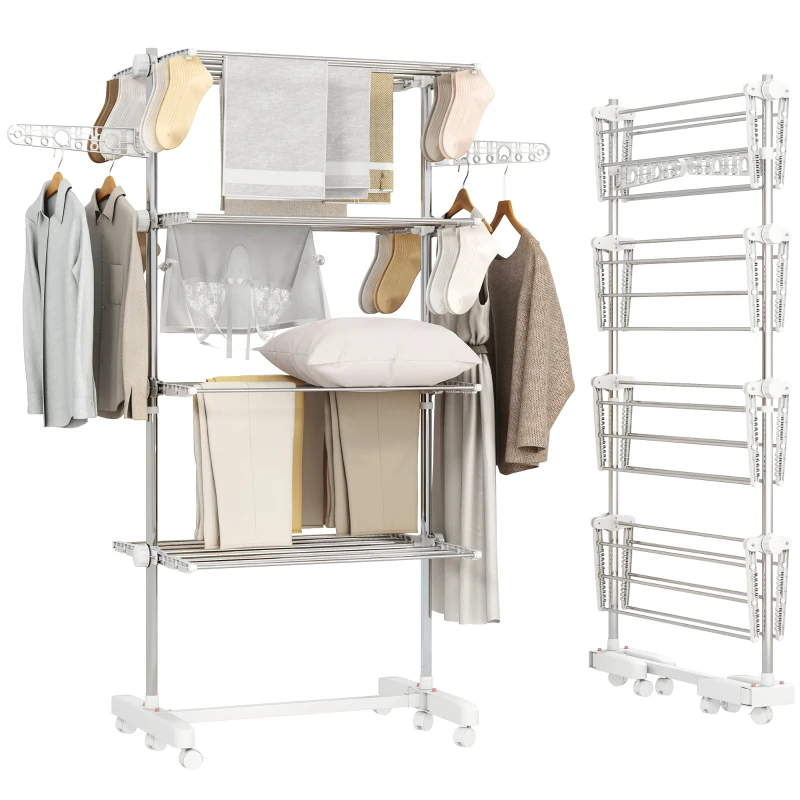 HOMCOM Mobiler Wäscheständer mit Rollen, 4 Ebenen, klappbar, Edelstahl, rostfrei, weiß+silber, 142 x 55 x 172 cm