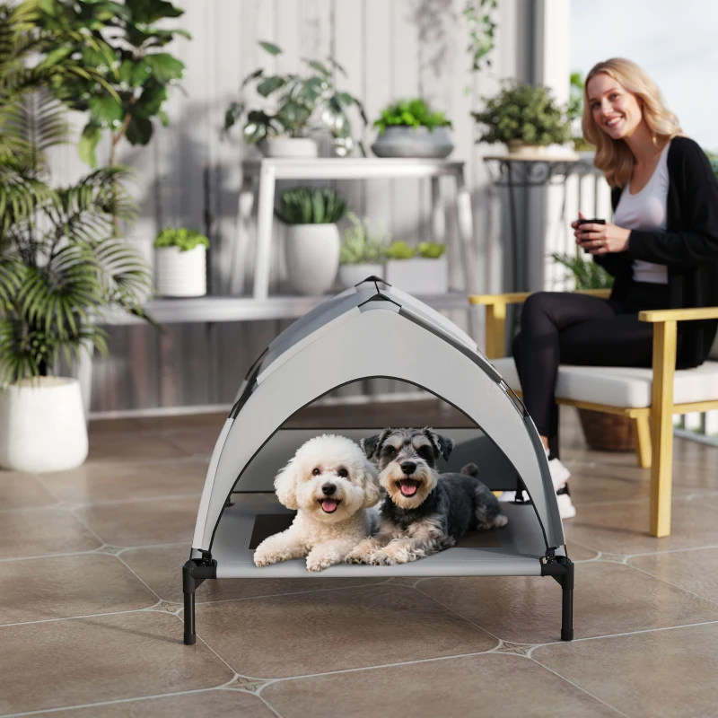PawHut Verhoogd Hondenbed Outdoor met Dak, Koelend Hondenbed met Stalen Frame, 76x61x70cm, Lichtgrijs