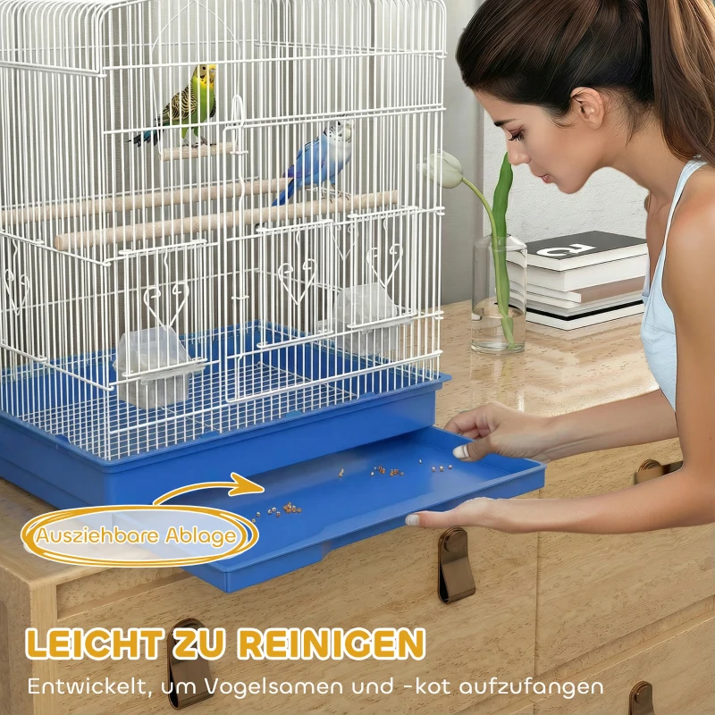 PawHut Vogelkäfig im Vintage-Design für kleine Vogelarten inkl. Zubehör 46,5 x 36 x 59 cm Stahl, Holz, Blau+Weiß