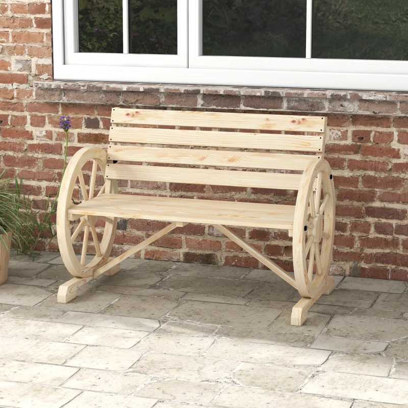 Outsunny Banc de Jardin banc 3 places en bois Style Rustique Chic accoudoirs Roues Charette Bois Sapin effet bois naturel