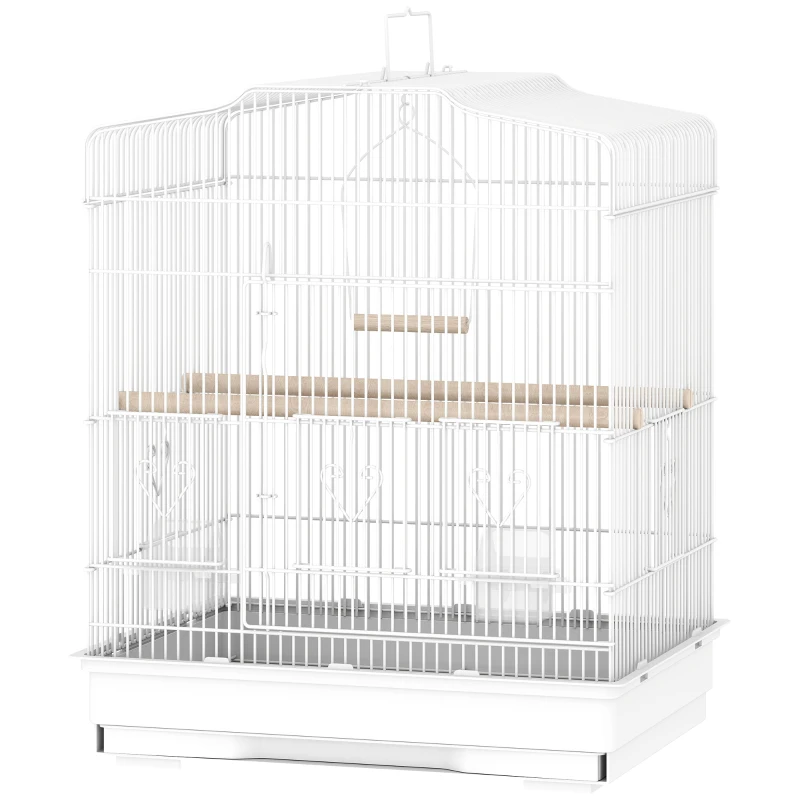 PawHut Vogelkäfig im Vintage-Design für kleine Vogelarten inkl. Zubehör 46,5 x 36 x 59 cm Stahl, Holz, Weiß+Natur