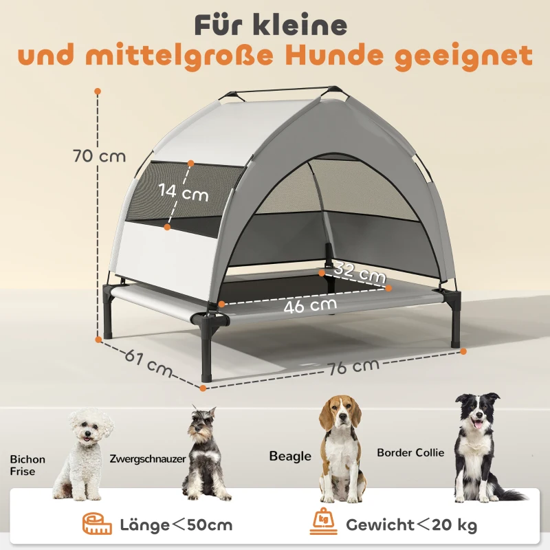 PawHut Verhoogd Hondenbed Outdoor met Dak, Koelend Hondenbed met Stalen Frame, 76x61x70cm, Lichtgrijs