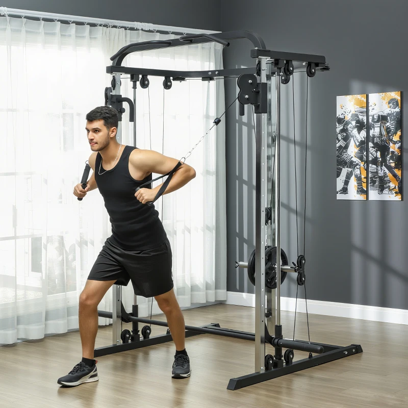 SPORTNOW Station de musculation station de traction à câble support à squat barre câble cross-over 210 x 132 x 225 cm noir