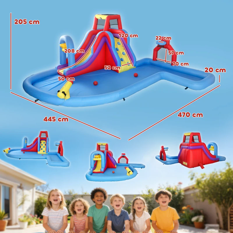 AIYAPLAY Castillo Hinchable Acuático con Soplador 550W Tobogán Pared de Escalada Piscina Aro de Baloncesto Portería de Fútbol