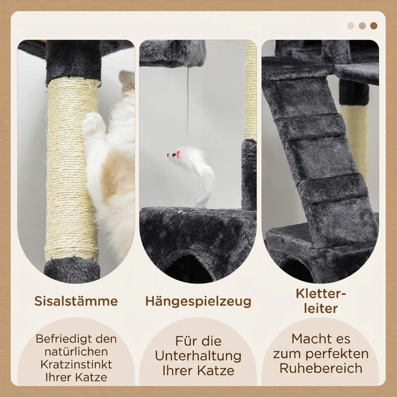 PawHut Drapak 173 cm wieża dla kota z kryjówką, słupy z sisalem, duża platforma, wielopoziomowy, ciemnoszary