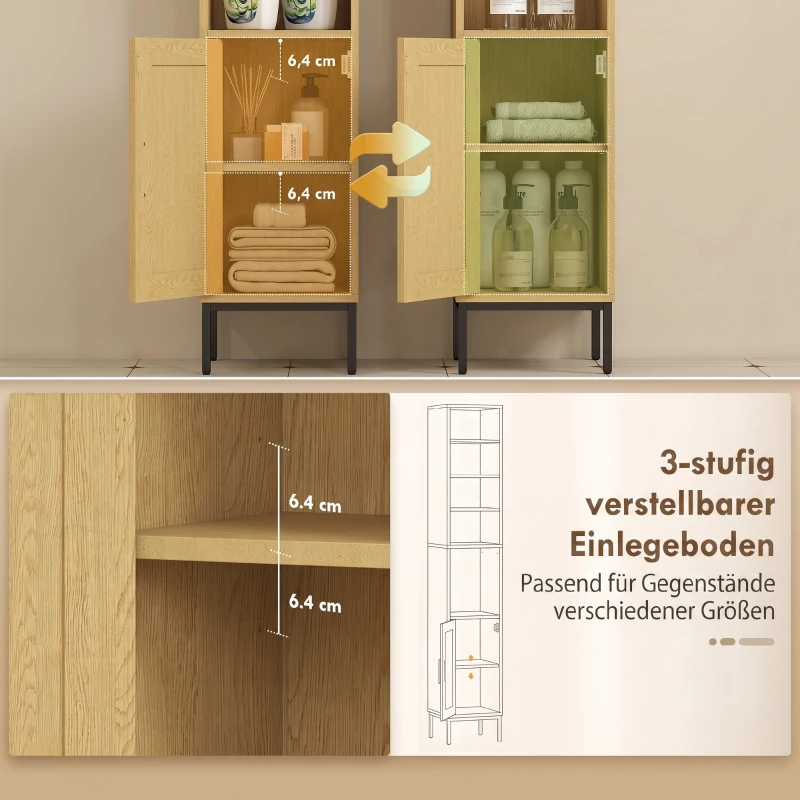 HOMCOM Hoge badkamerkast, smalle kolomkast met open vakken en verstelbare plank, natuurlijke houtlook
