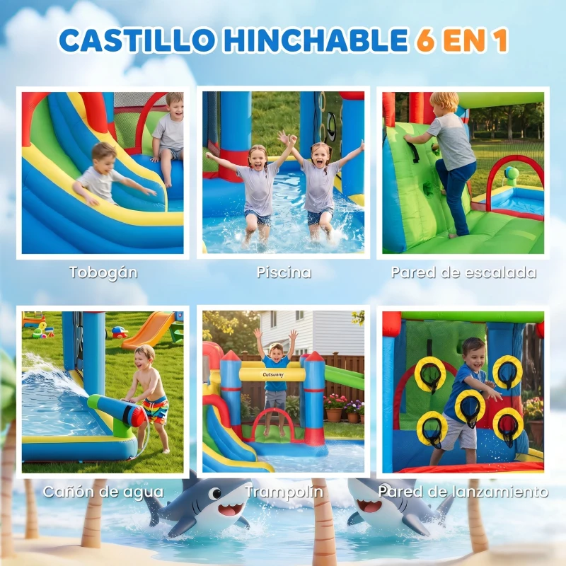 Outsunny Castillo Inflable Infantil con Tobogán Cama de Salto Piscina Muro de Escalada Inflador 390x300x197 cm Multicolor