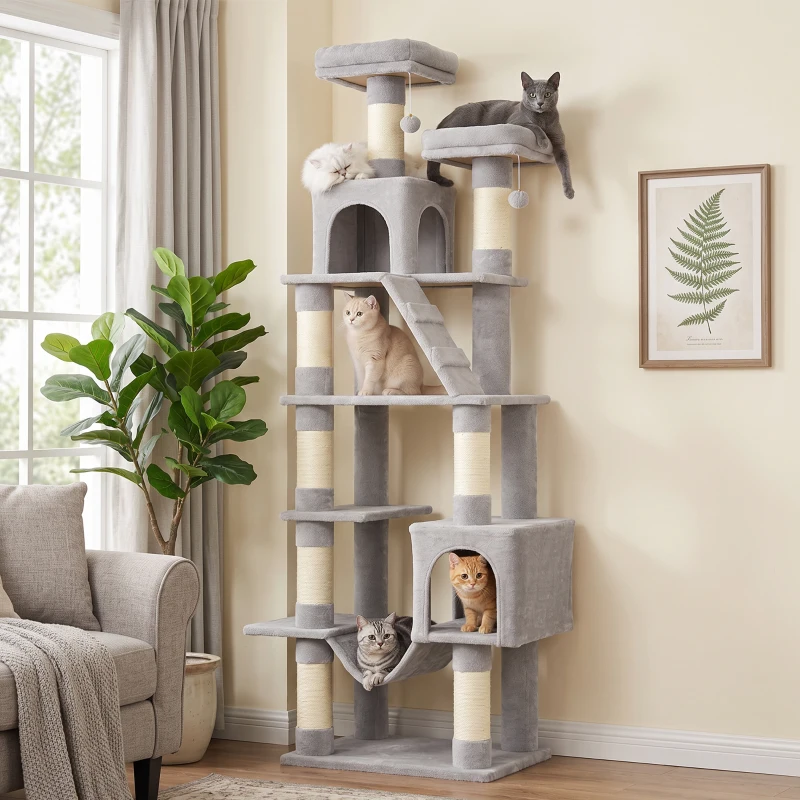 PawHut Kratzbaum 204 cm Katzenbaum mit Höhlen Leiter mehrstöckiger Katzenkratzbaum für 1–3 Katzen je bis 6 kg Hellgrau