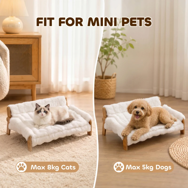 PawHut Canapé pour Chien Chat Lit Surélevé en Bois, Coussin Amovible en Peluche, Pieds Antidérapants, 70 x 47 x 30 cm, Blanc