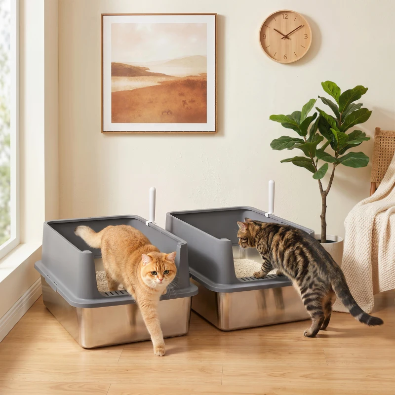 PawHut 2er-Set XL Katzentoilette aus Edelstahl Hoher Rand 2 Schaufeln für große Katzen und mehrere Kätzchen Dunkelgrau