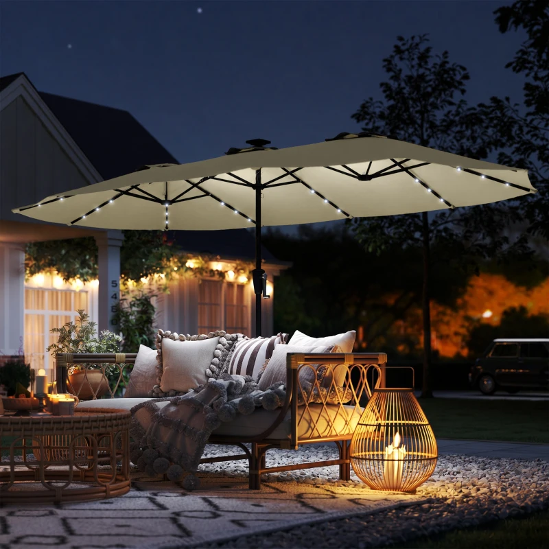 Outsunny Parasol de Jardin Double 36 LED Solaires Rectangulaire UPF 50+ Structure à 12 Baleines avec Manivelle 395x215cm Beige