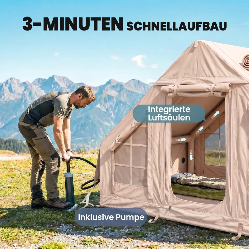 Outsunny Aufblasbares Zelt 5-8 Personen Schneller Aufbau 5000 mm Wasserdicht & Winddicht mit Luftpumpe Kaminöffnung Dachfenster