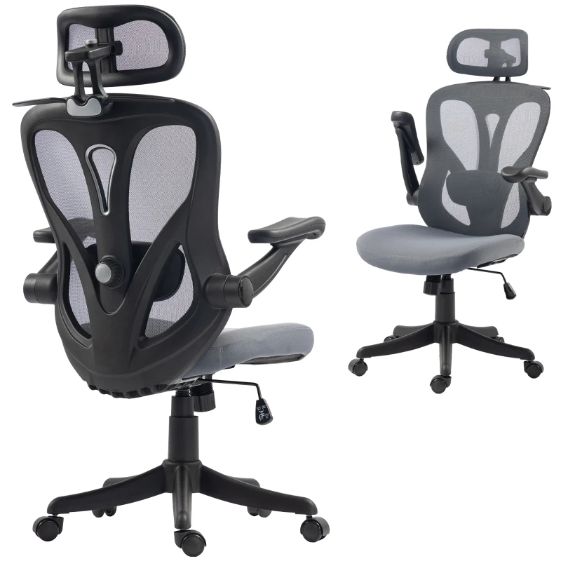 HOMCOM Chaise Bureau Ergonomique avec Accoudoirs 3D et Appui-Tête Réglable, Fauteuil de Bureau en Maille, Gris