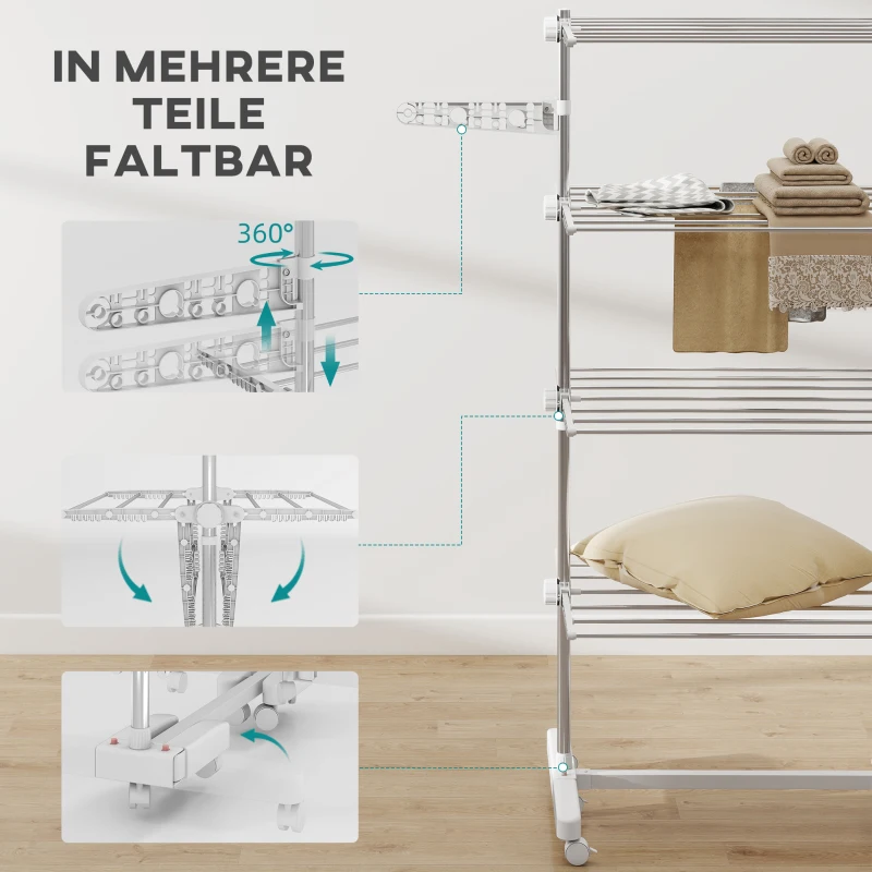 HOMCOM Mobiler Wäscheständer mit Rollen, 4 Ebenen, klappbar, Edelstahl, rostfrei, weiß+silber, 142 x 55 x 172 cm