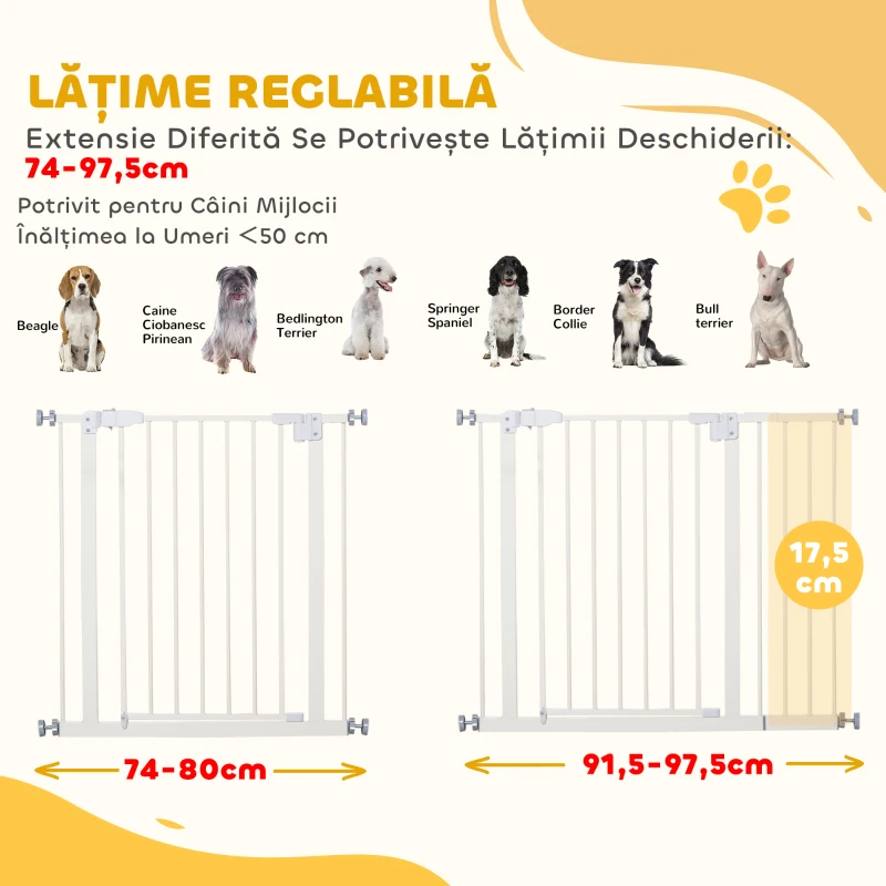 PawHut Poartă Extensibilă pentru Câini cu Montare prin Presiune și Închidere Automată, Înălțime 76,2 cm, Albă