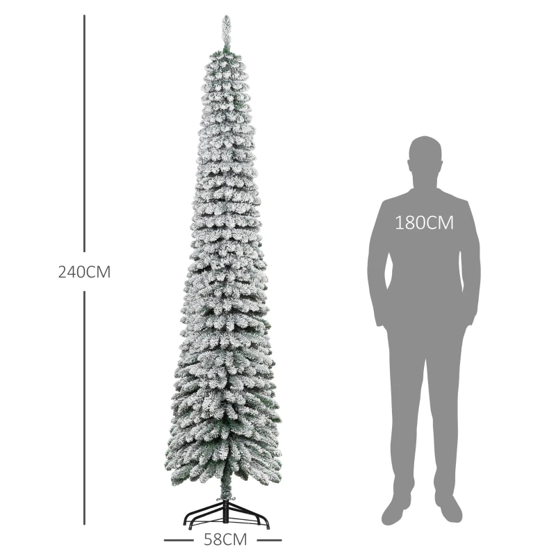 HOMCOM Brad de Crăciun Îngust Împodobit cu Zăpadă 240 cm cu 603 Crengi și Suport Metalic Pliabil pentru Living Interior Verde