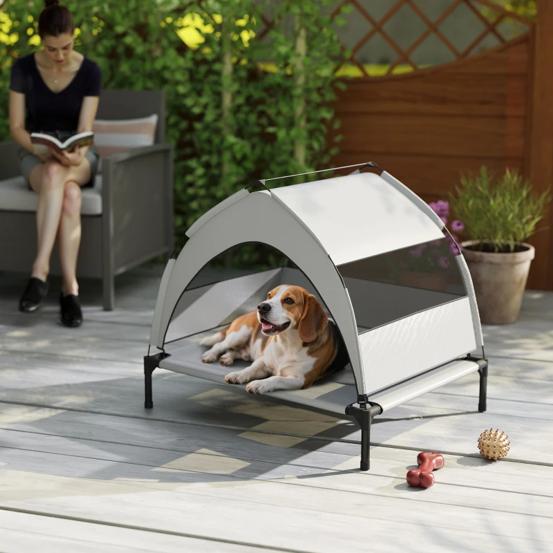 PawHut Verhoogd Hondenbed Outdoor met Dak, Koelend Hondenbed met Stalen Frame, 76x61x70cm, Lichtgrijs