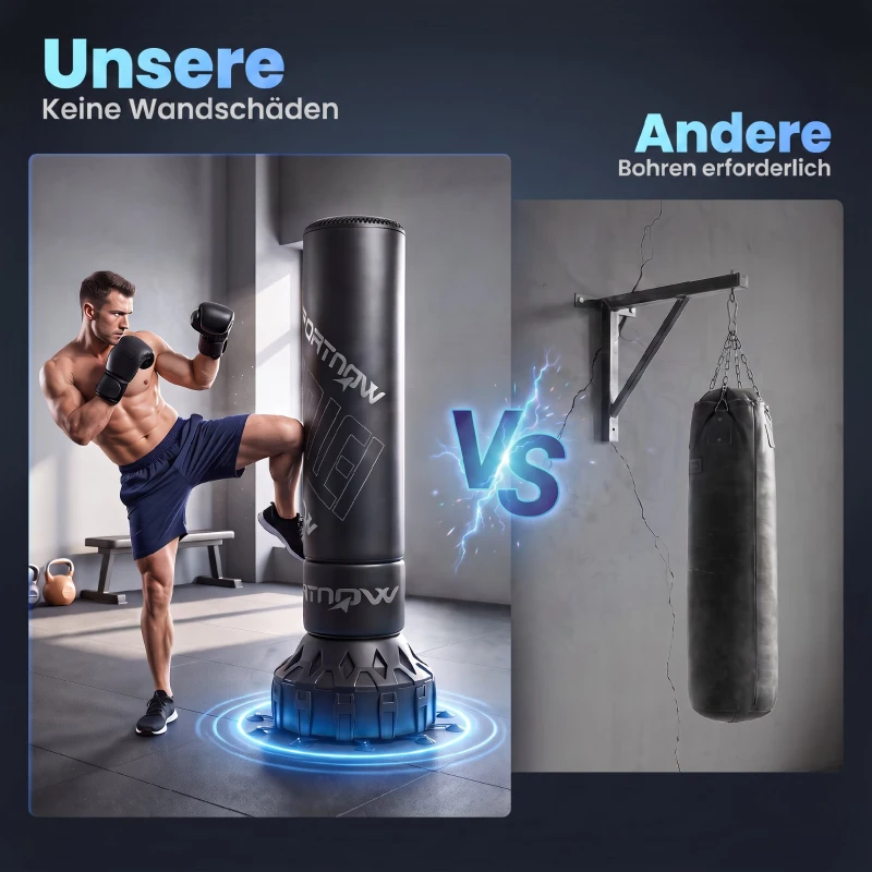SPORTNOW Boxsack freistehend 180 cm Standboxsack mit Saugfuß befüllbar Basis, Stoßdämpfung Handschuhen Boxing Trainer