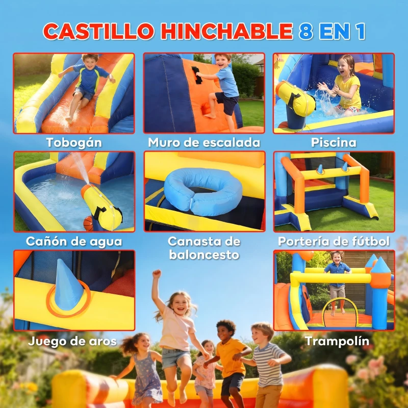 AIYAPLAY Castillo Hinchable Acuático 8 en 1 con Soplador 550W Tobogán Trampolín Escalada Piscina Portería Canasta Lanzamiento