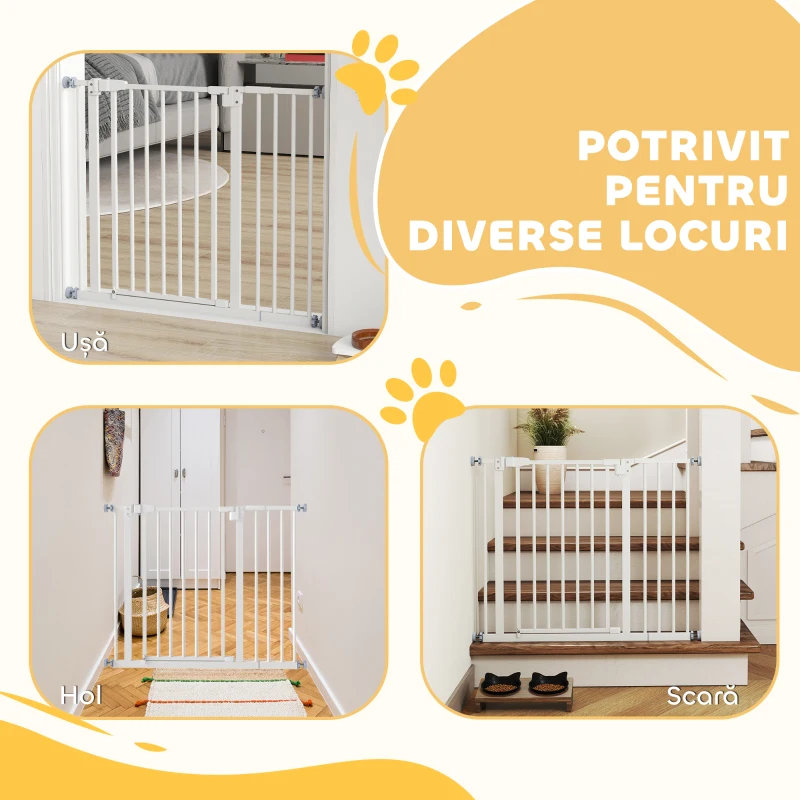 PawHut Poartă Extensibilă pentru Câini cu Montare prin Presiune și Închidere Automată, Înălțime 76,2 cm, Albă