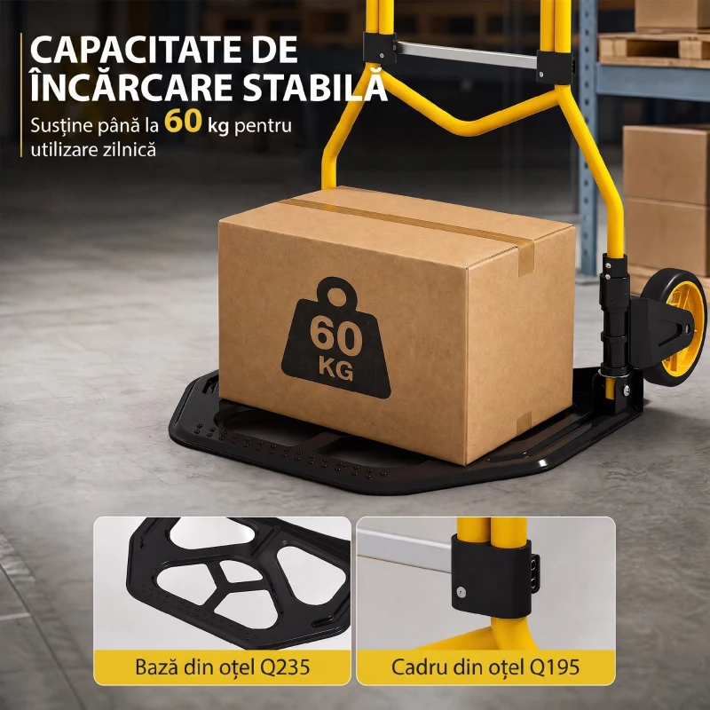 HOMCOM Cărucior de Transport cu Mâner Telescopic, Capacitate 60 kg, Cadru din Oțel, Galben