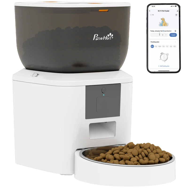 PawHut Automatischer Katzenfutterautomat, 2,4G WLAN, 4L, App-Steuerung, 1–10 Mahlzeiten, 10s Futterruf