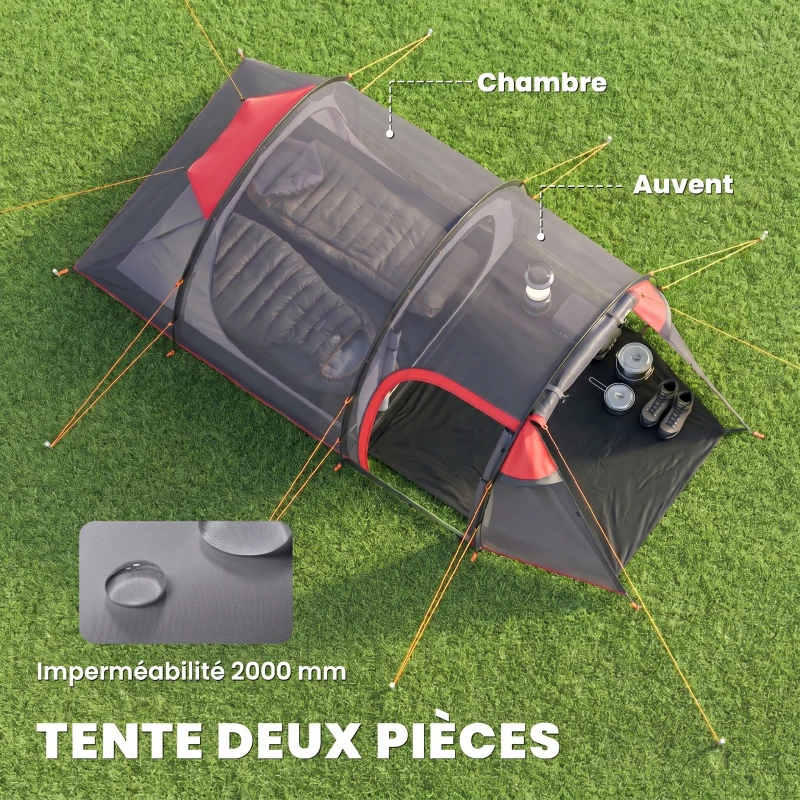 Outsunny Tente de camping familiale 2 personnes tente tunnel ventilée facile à monter chambre salon 3 portes fenêtres 4,26 x 2,06 x 1,54 m fibre verre polyester PE girs foncé rose