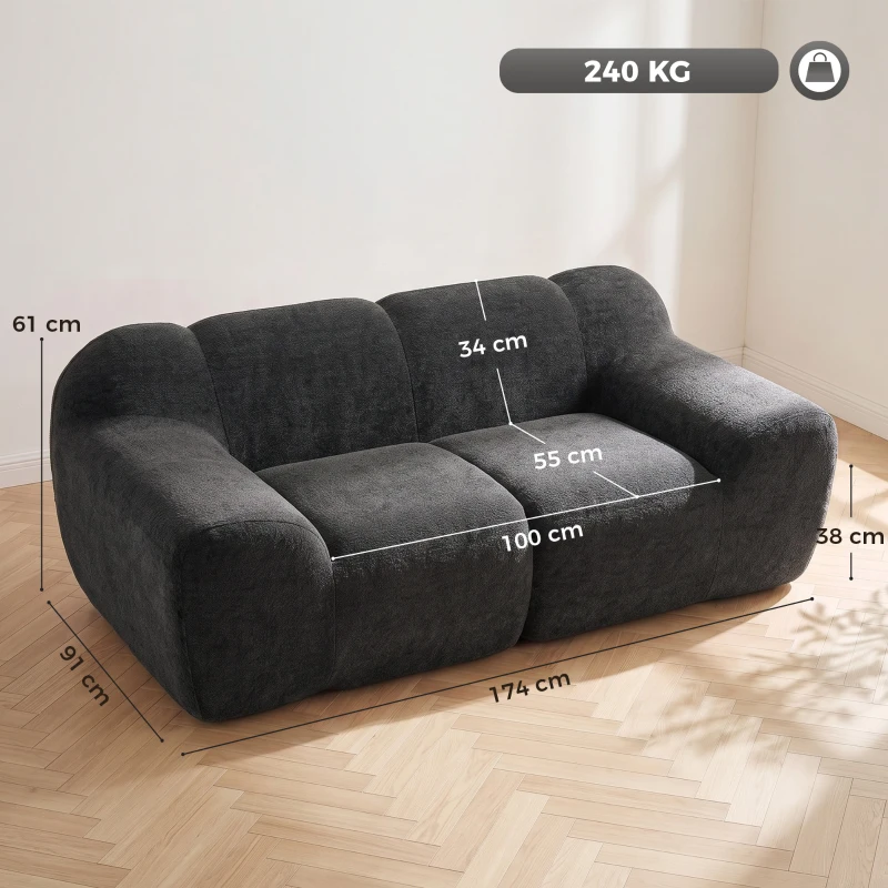 HOMCOM Sofá 2 Lugares em Chenille Sem Estrutura, Assento Amplo, Apoios de Braço Largos, 174x91x61cm, Cinza Escuro