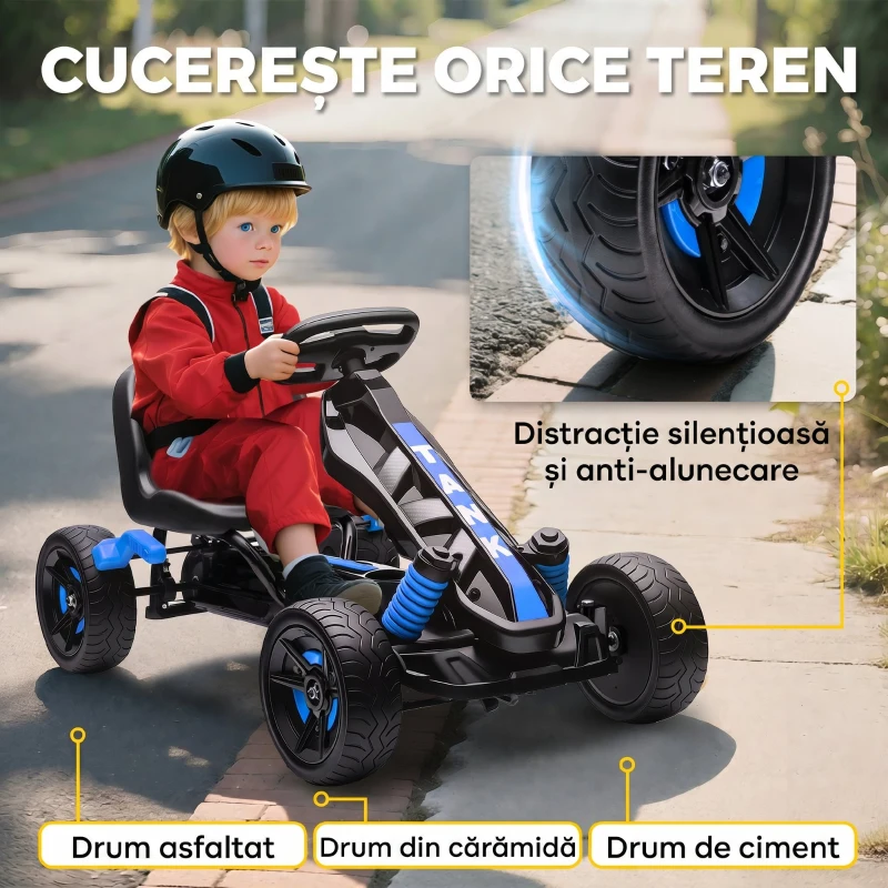 AIYAPLAY Kart cu pedale pentru copii 3-6 ani, max. 50 kg, cu suport pentru pahar și roți EVA antiderapante, albastru