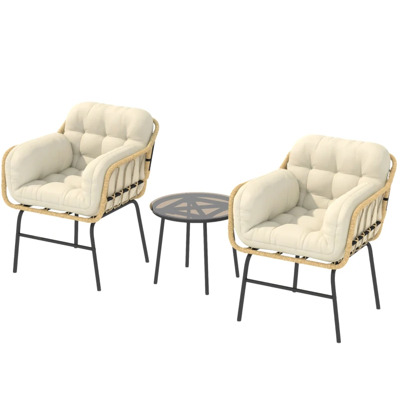 Outsunny Salon de Jardin Extérieur 3 Pièces en Résine Tressée, Table en Verre Trempé, 2 Fauteuils avec Coussins, 62x73x79cm, Crème