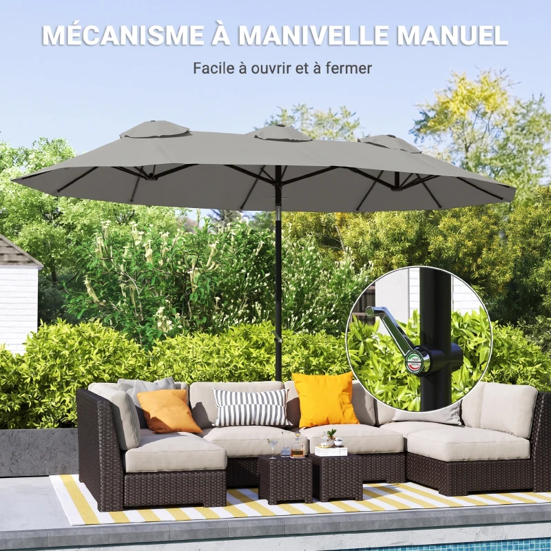 Outsunny Parasol de Jardin Exterieur Inclinable 3 x 1,5 m, Parasol Double Rectangulaire avec Manivelle, Polyester 180 g/m², Gris