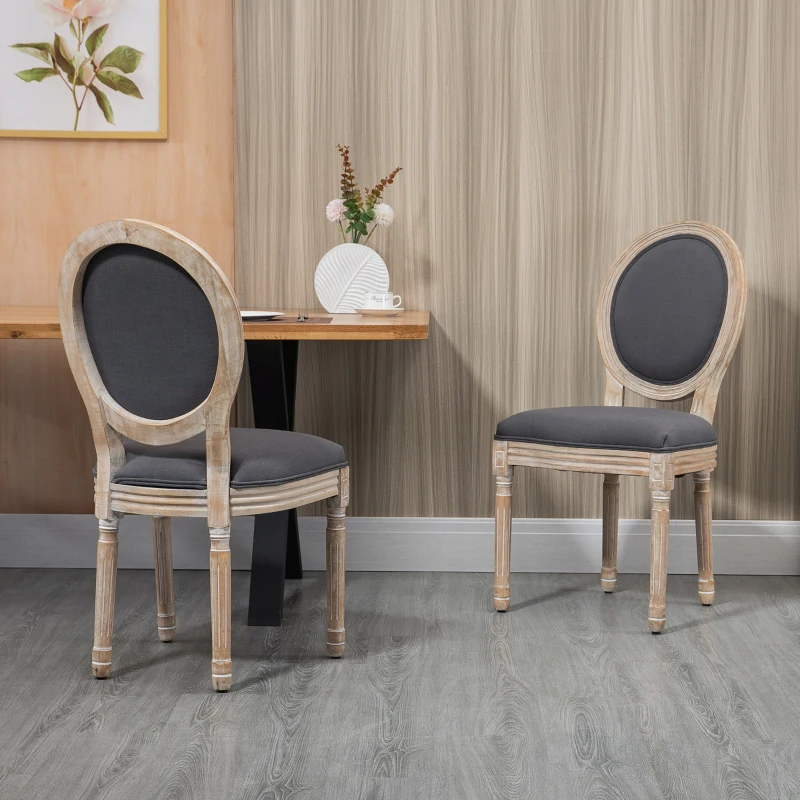 HOMCOM Lot de 2 Chaises de Salle à Manger, Chaises Médaillon Style Louis XVI, Assise et Dossier Rembourrés en Effet Lin, Gris