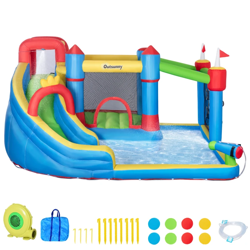 Outsunny Castillo Inflable Infantil con Tobogán Cama de Salto Piscina Muro de Escalada Inflador 390x300x197 cm Multicolor