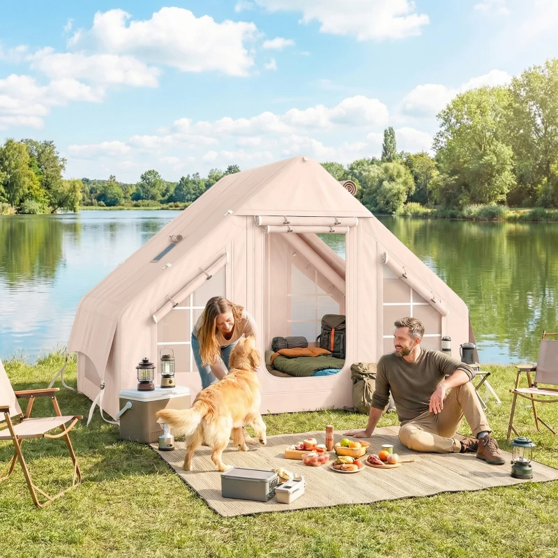 Outsunny Aufblasbares Zelt 5-8 Personen Schneller Aufbau 5000 mm Wasserdicht & Winddicht mit Luftpumpe Kaminöffnung Dachfenster