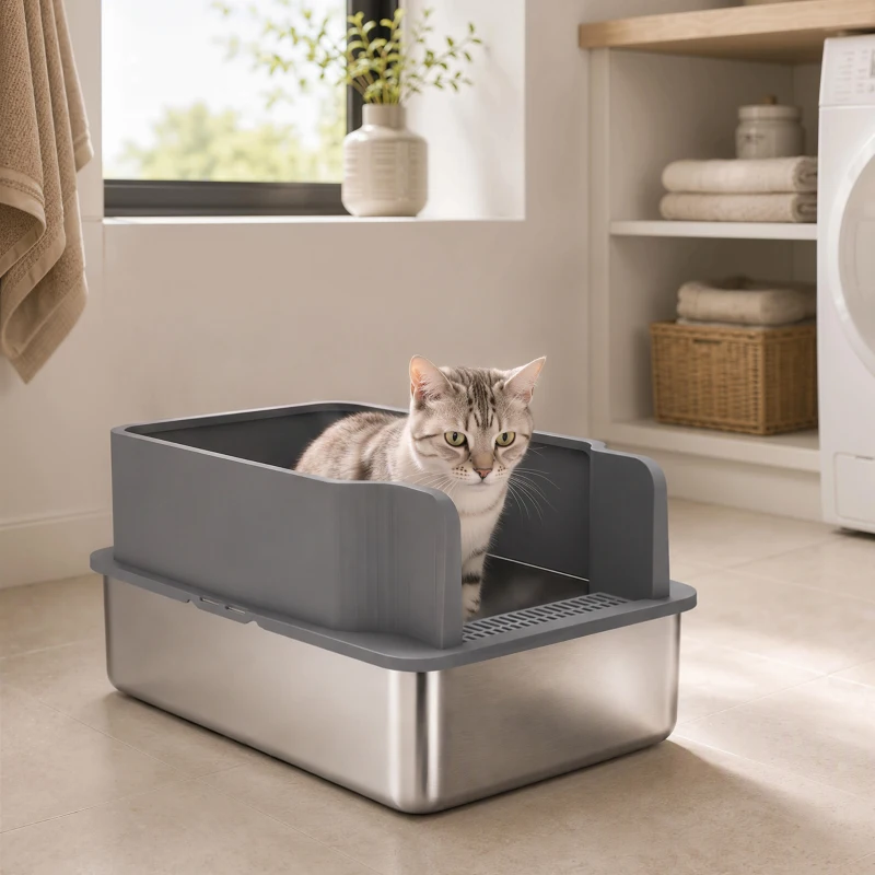 PawHut Katzentoilette aus Edelstahl L mit Siebschale Hoher Rand Schaufel 10 Saugunterlagen Dunkelgrau