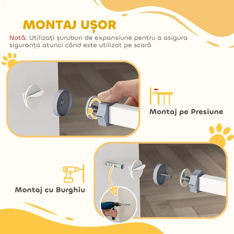 PawHut Poartă Extensibilă pentru Câini cu Montare prin Presiune și Închidere Automată, Înălțime 76,2 cm, Albă