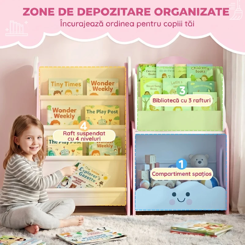 AIYAPLAY Bibliotecă Copii 3-în-1, 4 Compartimente, 3 Rafturi, Noptieră pentru Cameră, Roz.