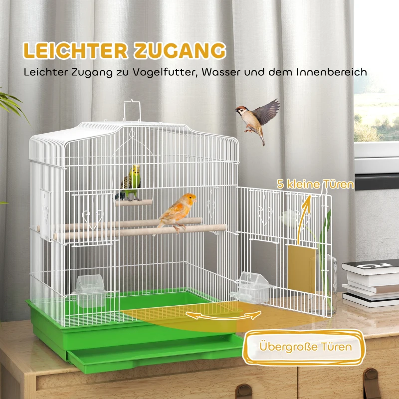 PawHut Vogelkäfig im Vintage-Design für kleine Vogelarten inkl. Zubehör 46,5 x 36 x 59 cm Stahl, Holz, Weiß+Grün