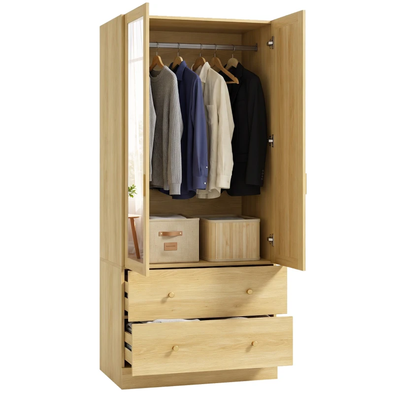 HOMCOM Armario de Dormitorio con Espejo 2 Puertas 2 Cajones y Barra para Colgar 80x50x180 cm Roble