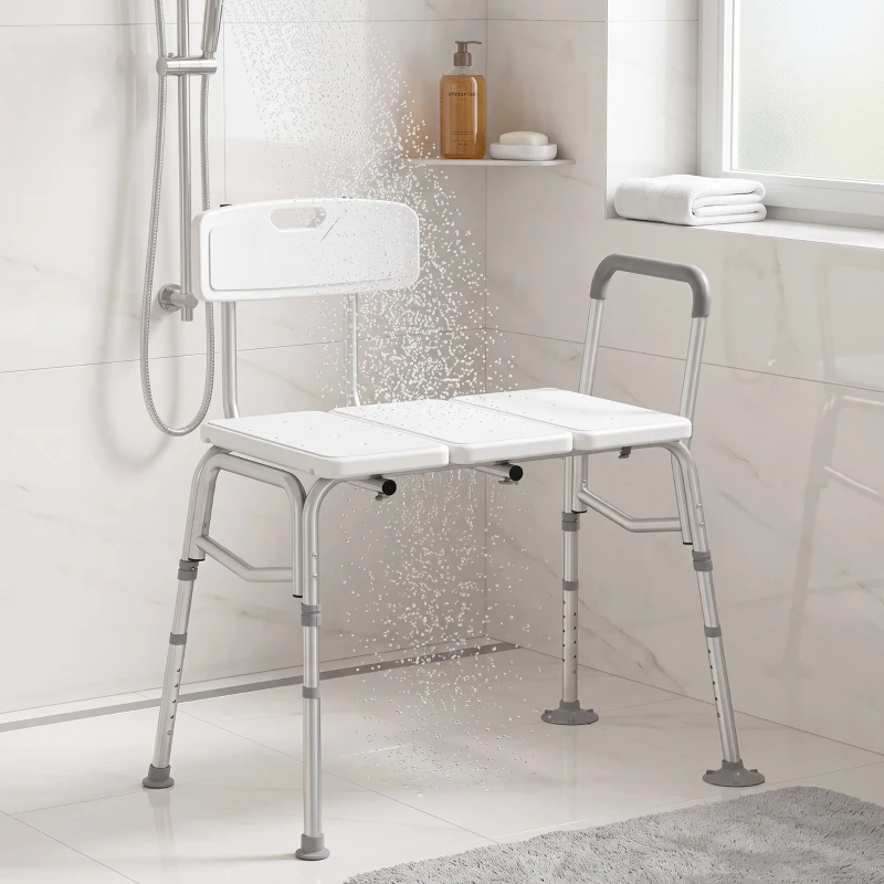 HOMCOM Banco de Transferencia para Bañera Altura Ajustable en 10 Niveles Asiento Amplio Respaldo y Reposabrazos 86x60x89-101 cm Blanco