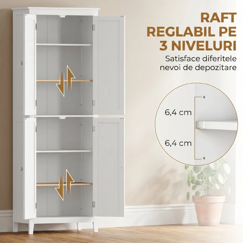 HOMCOM Dulap De Baie Slim Cu 2 Uși, Rafturi Reglabile, MDF, Metal, 60x30x170 cm, Alb